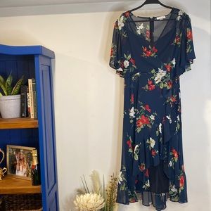 Navy blue floral wrap dress by Calvin Klein
